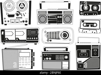 Ensemble d'images monochromes de divers enregistreurs audio vintage Illustration de Vecteur