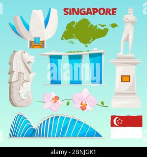 Sites emblématiques de singapour. Les objets culturels de dessin animé s'isolent sur blanc Illustration de Vecteur