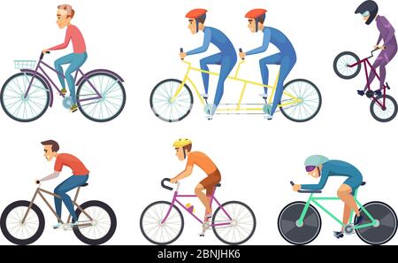 Vélo à vélo. Les personnages amusants s'isolent sur fond blanc Illustration de Vecteur