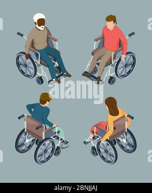 Hommes et femmes handicapés en fauteuil roulant. Illustrations vectorielles isométriques isolées Illustration de Vecteur