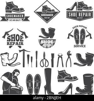 Illustrations monochromes de divers outils pour la réparation de chaussures. Étiquettes ou logos pour l'usine de vêtements Illustration de Vecteur