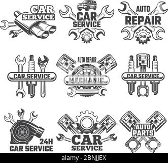 Jeu d'étiquettes vintage avec illustrations d'outils automobiles Illustration de Vecteur