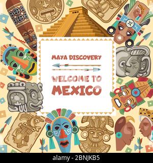 Cadre vectoriel avec illustrations de divers symboles tribaux mayas Illustration de Vecteur