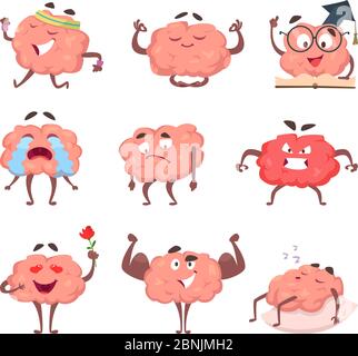 Mascotte de dessin animé de cerveau dans diverses poses Illustration de Vecteur