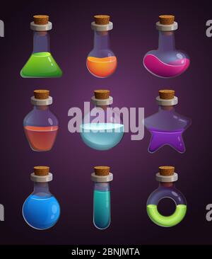 Flacons en verre avec divers liquides. Images de style caricature Illustration de Vecteur