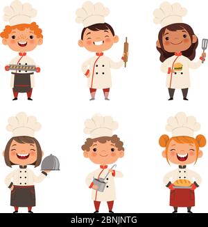 Jeu de personnages d'enfants cuisiniers. Mascottes de dessins animés dans diverses poses dynamiques Illustration de Vecteur