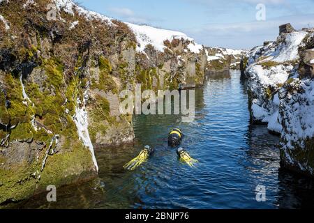 L'intérieur du plongeur sous-fissure volcanique, Nesgja dans le Parc National de Asbyrgi, le nord de l'Islande Banque D'Images