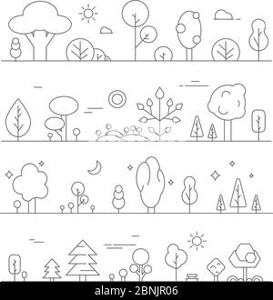 Paysages avec plantes. Images vectorielles mono-ligne de collines et d'arbres Illustration de Vecteur