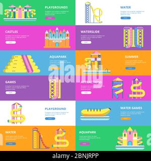 Bannières horizontales avec photos d'outils pour parc aquatique et aire de jeux pour enfants Illustration de Vecteur