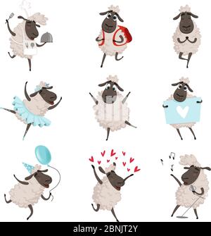 Drôle de bande dessinée moutons dans diverses poses d'action Illustration de Vecteur