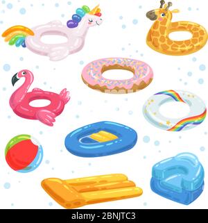 Caoutchouc gonflable, ballons de matelas et autres équipements d'eau pour les enfants Illustration de Vecteur