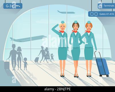 Bâtiment terminal. Image d'arrière-plan vectorielle avec hôtesse à l'aéroport Illustration de Vecteur