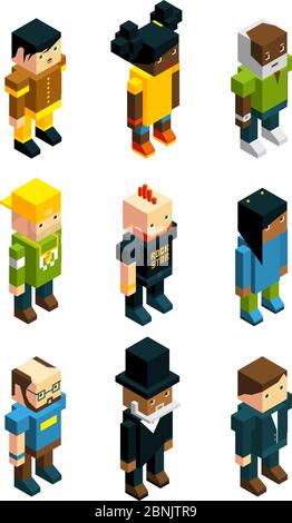 Avatars pour jeux 3D. Isométrique bas poly personnes dans divers vêtements Illustration de Vecteur