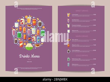 Modèle de menu vertical Vector avec boissons non alcoolisées dans des verres, comme le smoothie, le thé, le café, le jus de fruits dans un style plat Illustration de Vecteur