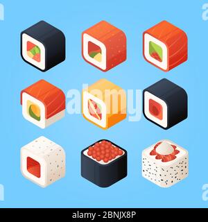 Sushi isométrique. Divers petits sushis et autres plats asiatiques authentiques Illustration de Vecteur