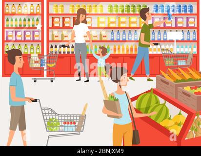 Les acheteurs dans un supermarché. Illustrations de fond des personnes à proximité des étagères du magasin Illustration de Vecteur