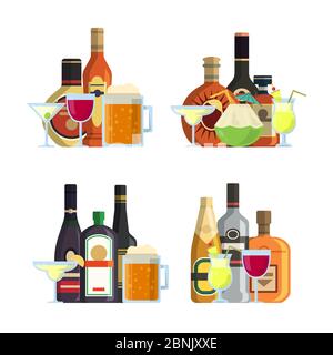 Piles vectorielles de boissons alcoolisées dans des verres et des bouteilles dans un ensemble de style plat Illustration de Vecteur