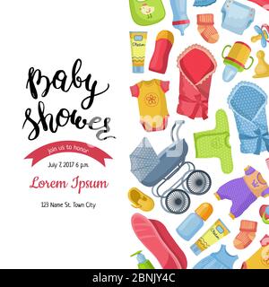 Invitation à la douche de bébé Vector avec inscriptions et illustration des accessoires pour bébé Illustration de Vecteur