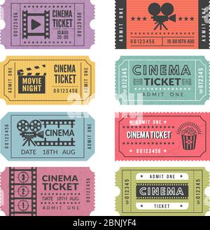 Modèle de billets de cinéma. Dessins vectoriels de différents billets de cinéma avec des illustrations de caméras vidéo et d'autres outils Illustration de Vecteur