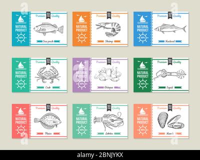 Étiquettes de fruits de mer. Modèle de conception avec illustrations dessinées à la main de poissons et autres fruits de mer Illustration de Vecteur