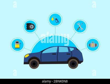 Illustration du concept Vector avec éléments de service de voiture de style plat Illustration de Vecteur