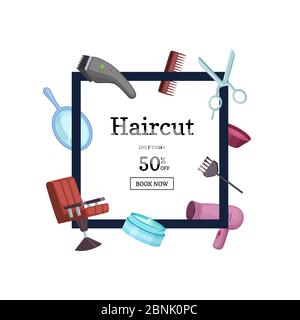 Cadre vectoriel avec illustration d'éléments de dessin animé coiffeur ou barbier Illustration de Vecteur