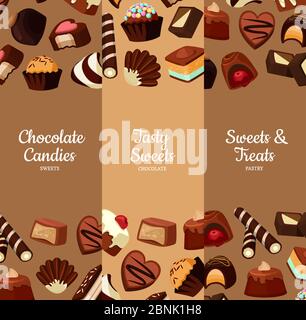 Illustration de bannières verticales vectorielles avec bonbons au chocolat de dessin animé Illustration de Vecteur