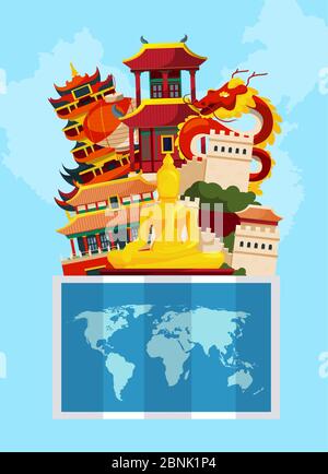Illustration vectorielle avec vues de chine de style plat au-dessus de la carte du monde Illustration de Vecteur