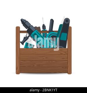 Boîte en bois vectoriel avec outils de construction électriques isolée sur fond blanc Illustration de Vecteur