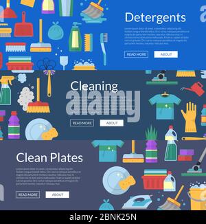 Illustration des bannières Web des icônes de nettoyage à plat Vector Illustration de Vecteur