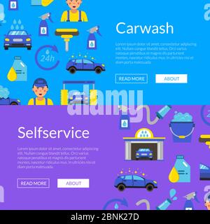 Illustration de bannières web vectorielles avec icônes de lavage de voiture à plat Illustration de Vecteur