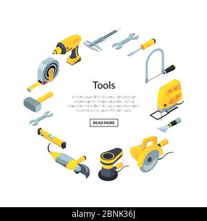 Outils de construction vectorielle icônes isométriques dans le cercle Illustration de Vecteur