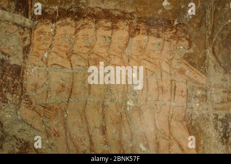 Fresques à l'intérieur de l'église réformée à Mugeni (Bobogoz), comté de Harghita, Roumanie, monument historique de l'époque médiévale. Banque D'Images