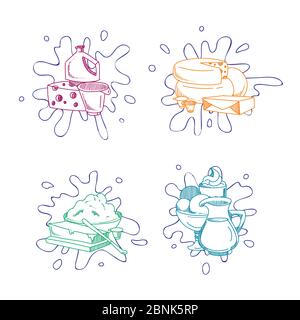 Piles vectorielles de produits laitiers avec éclaboussures de lait Illustration de Vecteur