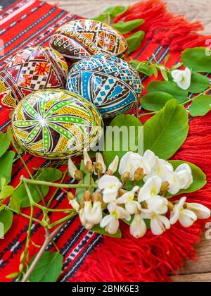 joliment décoré à la main des œufs de pâques orthodoxes roumains avec des motifs traditionnels sur un tissu rouge avec des fleurs d'acacia de côté Banque D'Images