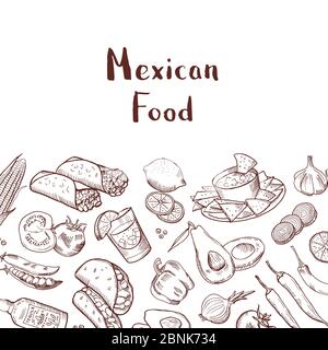 Vector esquissé des éléments de nourriture mexicaine arrière-plan avec place pour le texte Illustration de Vecteur