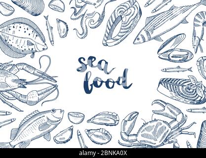 Illustration vectorielle de fond avec éléments de fruits de mer dessinés à la main Illustration de Vecteur