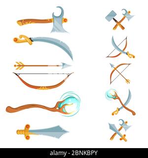 Ensemble vectoriel de fantaisie dessin animé jeu de conception croisée et dans la rangée épées, axes, personnel et arme d'arc isolé sur fond blanc Illustration de Vecteur