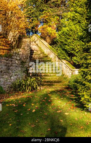 Vue hivernale du Prieuré d'Aylesford dans la lumière chaude de l'après-midi, Kent, Royaume-Uni, les feuilles d'or augmentent la chaleur de la lumière, Banque D'Images