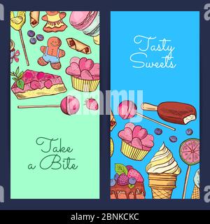 Modèles de bannières verticales de bonbons dessinés à la main de vecteur Illustration de Vecteur