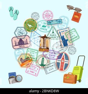 Illustration vectorielle avec des marques de poste et des timbres d'immigration partout dans le monde et des bagages de dessin animé, des appareils photo et des tongs Illustration de Vecteur