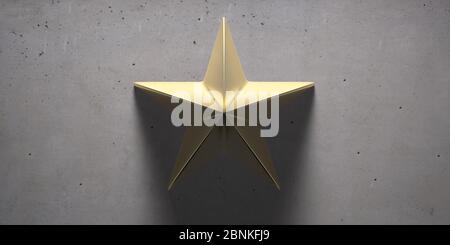 Un signe de couleur or en forme d'étoile. Étoile en laiton brillant sur fond de béton de ciment, qualité, concept de médaille d'or. illustration 3d Banque D'Images