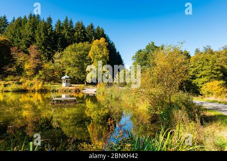 Jahn-Tempel am Waldsee dans les jardins de la station thermale de Bad Schwalbach, Taunus, couleurs automnales colorées sur le Waldsee, Banque D'Images