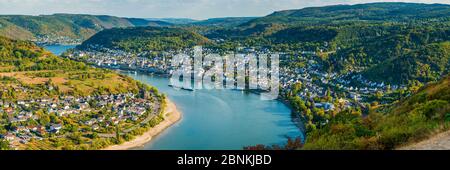 Panorama du Rheinschleife près de Boppard, moitié droite avec Filsen et Boppard vu du point de vue de Gedeonseck, patrimoine mondial de l'UNESCO Vallée du Haut-Rhin moyen, Banque D'Images