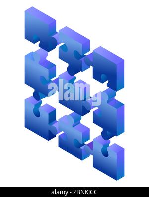 Pièces de puzzle à dégradé bleu isométrique isolées sur fond blanc. Concept de travail d'équipe, de communication, de solution à un problème ou à un défi. Illustration de Vecteur