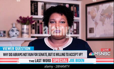 Wilmington, Delaware, États-Unis. 14 mai 2020. Une capture d'écran de STACEY ABRAMS pendant le dernier mot organisé par Lawrence O'DONNELL, de la MSNBC. Mme Abrams, directrice de l'organisation de droits de vote Fair Fight, a été mentionnée comme étant une possible colistière de Biden lors de l'élection présidentielle de 2020. Crédit : Brian Cahn/ZUMA Wire/Alay Live News Banque D'Images