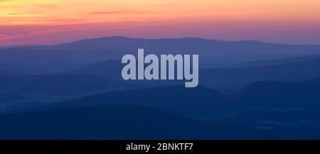 Lever du soleil sur la forêt d'Abernethy, Parc National de Cairngorms, en Écosse, Royaume-Uni, mai 2016. Banque D'Images