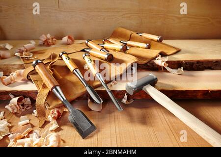 Outils de travail du bois du Japon, série, outils de travail du bois japonais, vue d'ensemble de divers burins et marteaux en bois, en partie dans un étui en rouleau de cuir, disposés sur du bois avec des copeaux de bois Banque D'Images