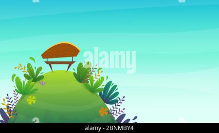 stationnez le banc sur une colline avec de l'herbe verte et des buissons. Nature extérieur dessin animé drôle style gai. Vector Illustration de Vecteur