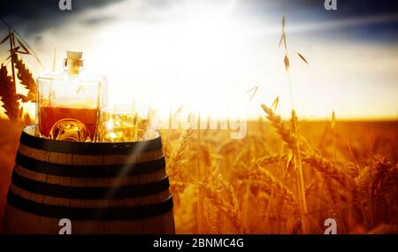 Bouteille en verre à whisky sur le bord du champ en été Banque D'Images